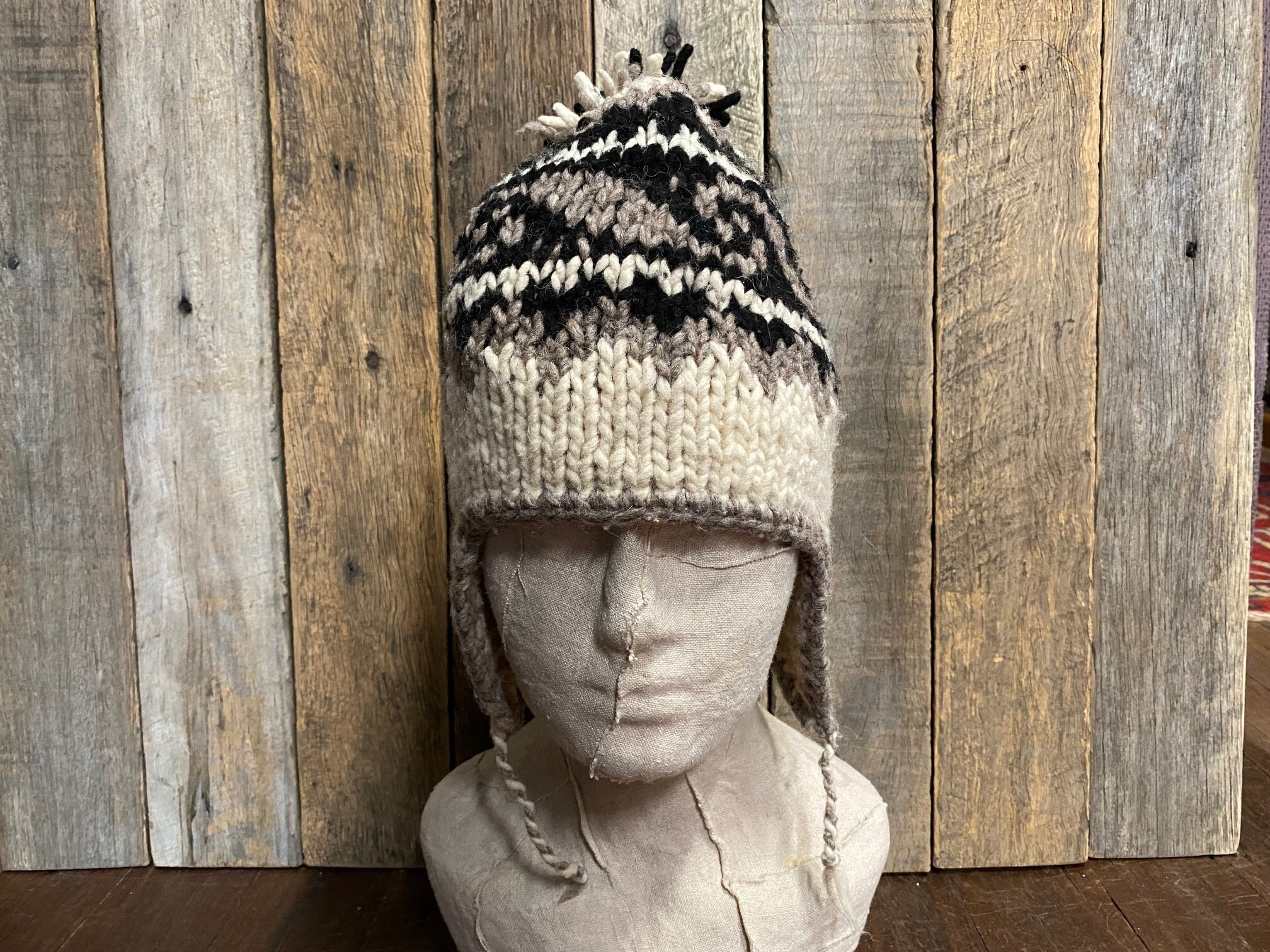 Preloved Handmade Beanie Cream, Black & Grey Wool Unisex