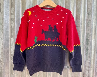 1990er Vintage Kinderpullover Rot Blau Western Cowboy Pferd Sz 7 - OOAK