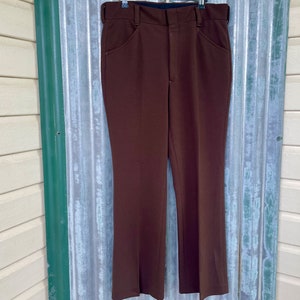 1970&#39;s Vintage Men&#39;s Trousers Brown Polyester Retro Made in USA Sz 34  - OOAK
