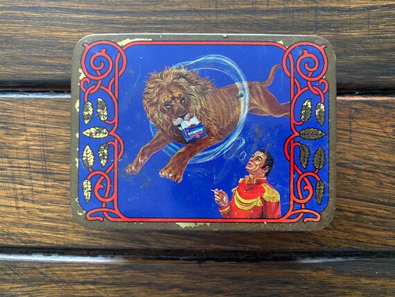 samson tobacco 1950's Antique Samson Special Tobacco Tin Circus Lion Blue Hoop - OOAK