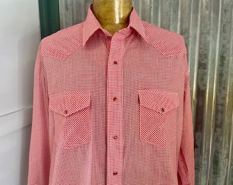 Vintage 70s Western Shirt – Red Check Cotton Snap Shirt, USA Made XXL