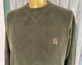 1990's Tommy Hilfiger Vintage Cotton Jumper Khaki Green Pullover Crew Neck Sz L - OOAK