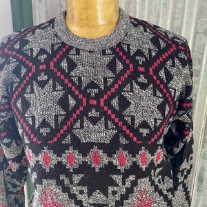 1990&#39;s Vintage Knit Jumper Geometric Nordic Grey Red Black Sz S - OOAK