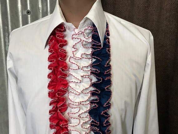 Vintage White Red Blue Dress Shirt With Ruffle Formal L S Sz XL