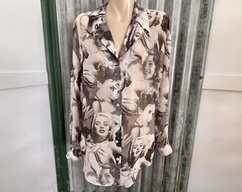 1980's Women's Vintage Hollywood Divas Marilyn Monroe L/S Shirt Black White Sz 10 - OOAK