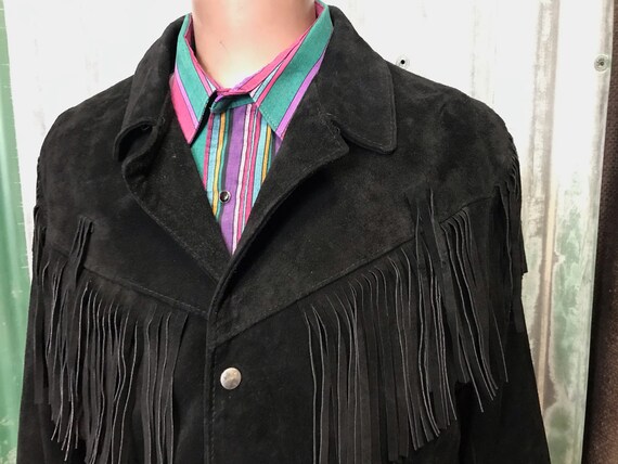 Vintage Black Suede Jacket Fringe Western Sz L - O