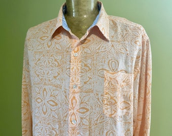 1990s Orange Floral Linen L/S Shirt Sz XL - OOAK