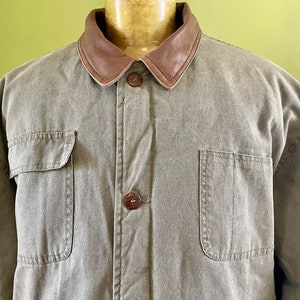 1990&#39;s Vintage Cotton Jacket Soft Khaki Leather Detail Sz XL - OOAK