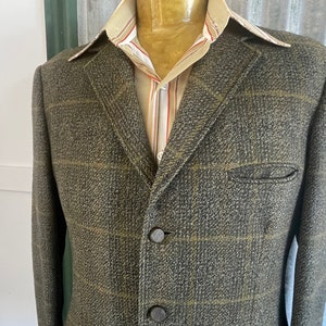 1970&#39;s Vintage Wool Tweed Blazer Check Green Grey 3 Button Sz L  - OOAK