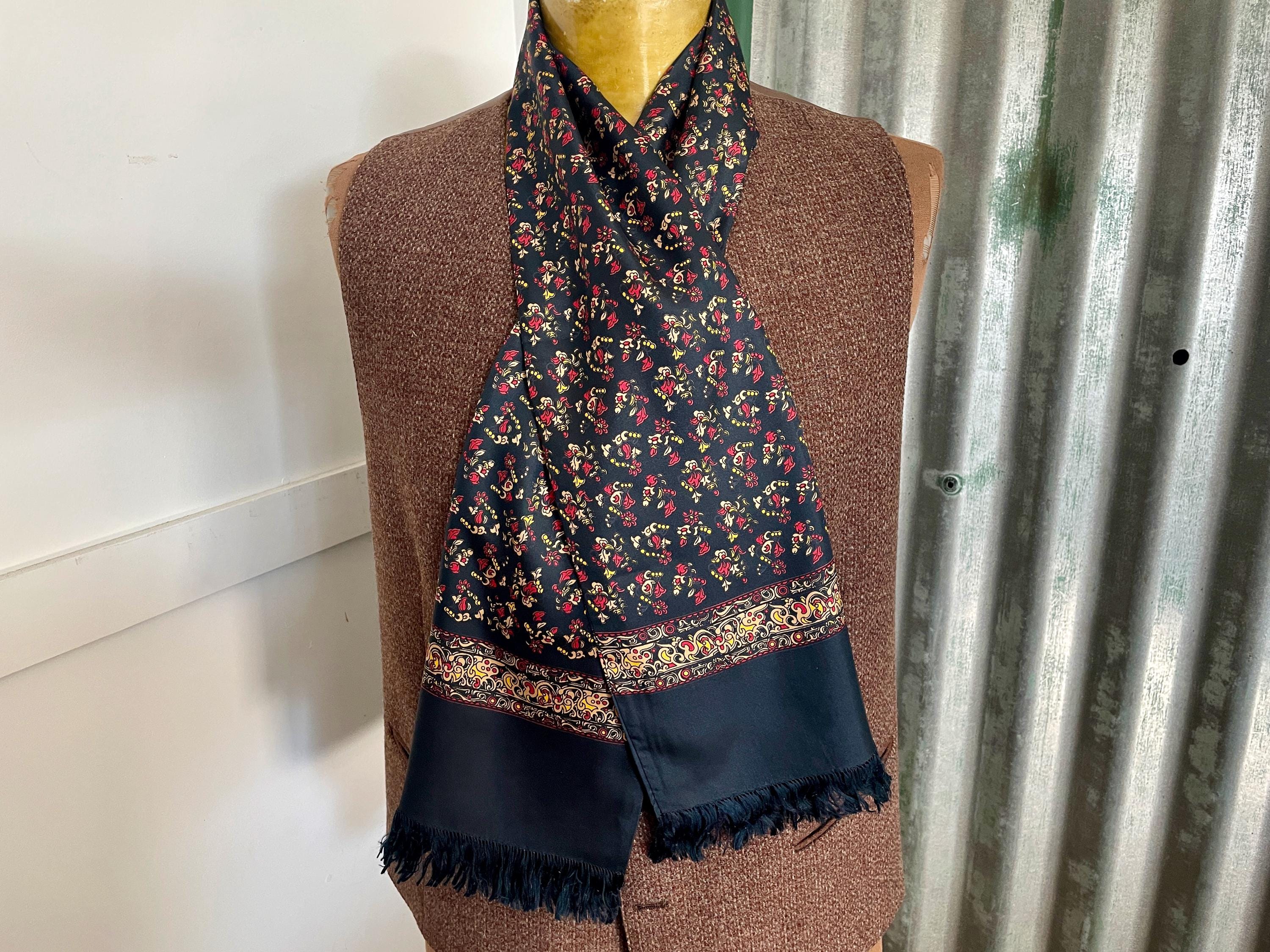1970's Vintage Silk Ascot Cravat Neck Scarf Classic Navy Red Yellow Floral - 30 x 125 cm - OOAK