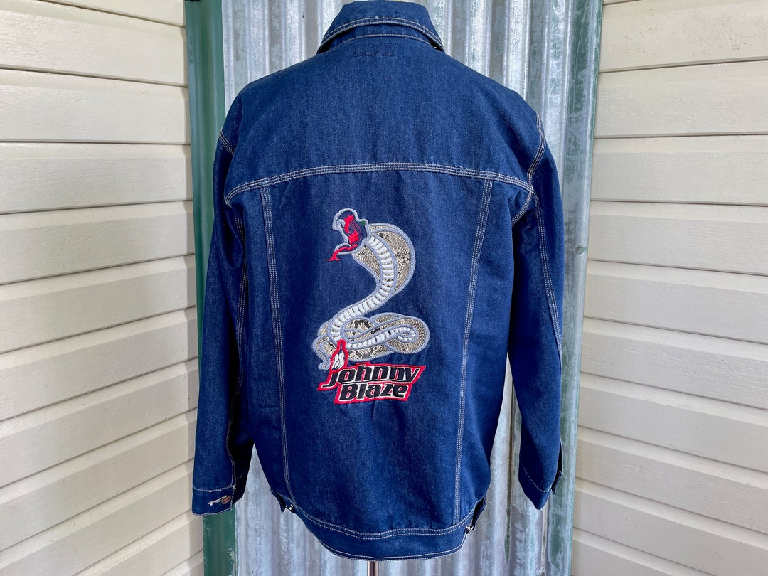 1990s Vintage Blue Denim Jacket Embroideredcobra Snake