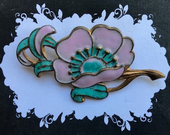 1920&#39;s Enamel Floral Pin Brooch Pink Green Vintage Antique Boxed - OOAK