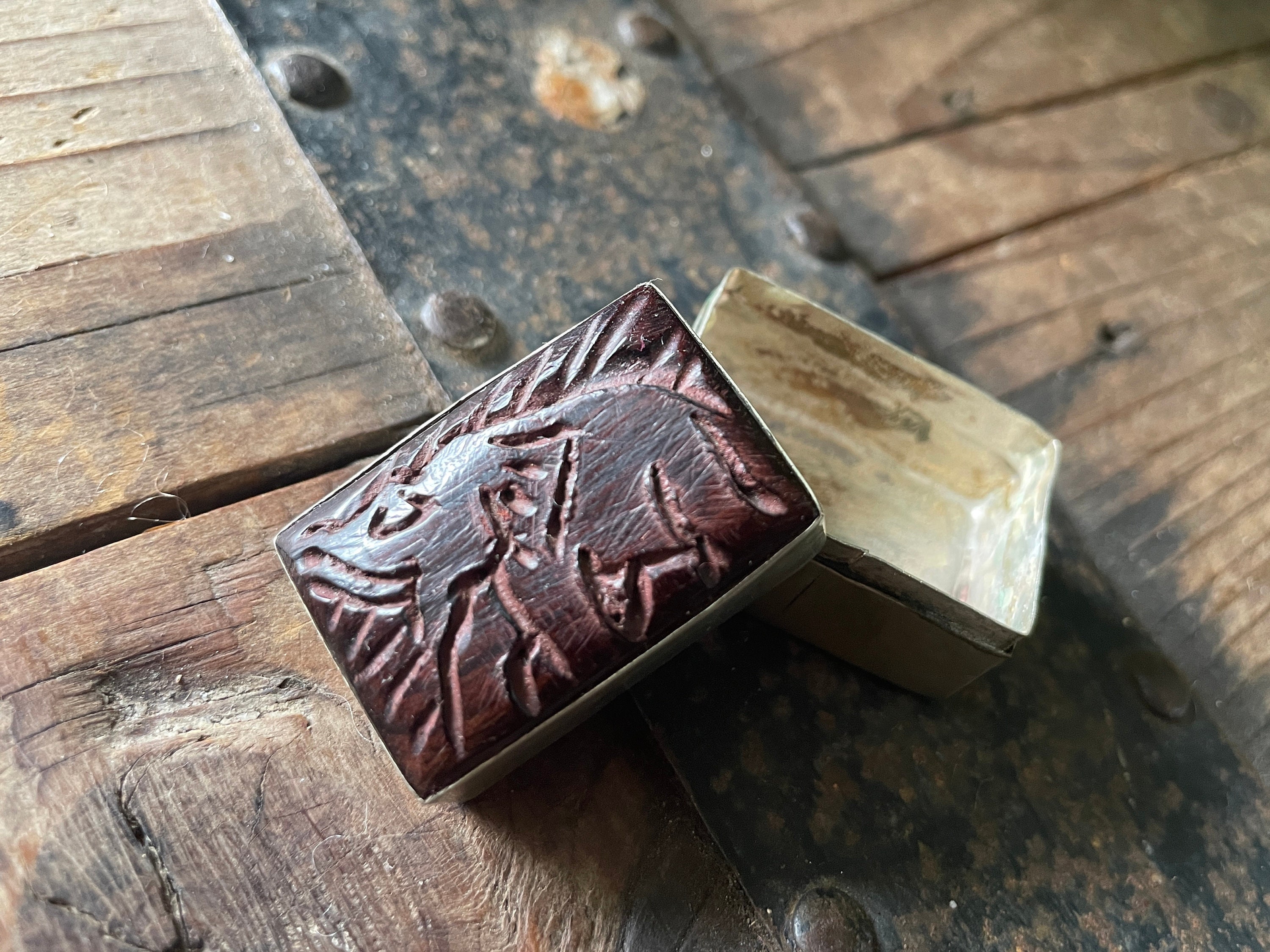 Elephant Carved Resin Silver Pill Box Handmade - OOAK
