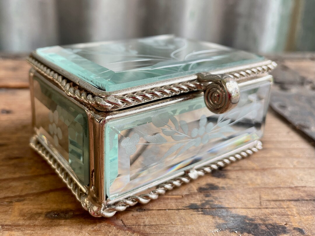Vintage Small Mirrored Glass Jewellery Box Velvet Lined Floral Etsy