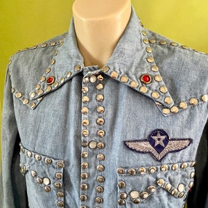 1970s French Vintage Studded Western Denim L/S Shirt Rare Sz S - OOAK