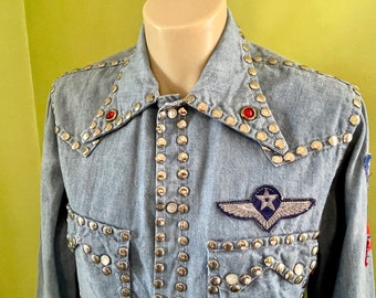1970s French Vintage Studded Western Denim L/S Shirt Rare Sz S - OOAK