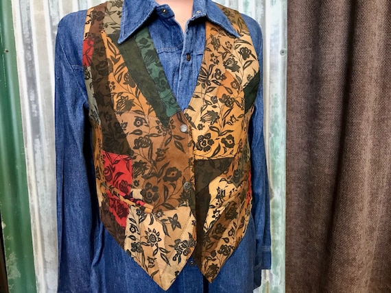 1980's Vintage Patchwork Leather Suede Vest Brown… - image 1