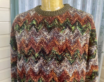 1990's Vintage Knit Jumper Wool Blend Green Orange Fall Autumn Pullover Sz XL - OOAK