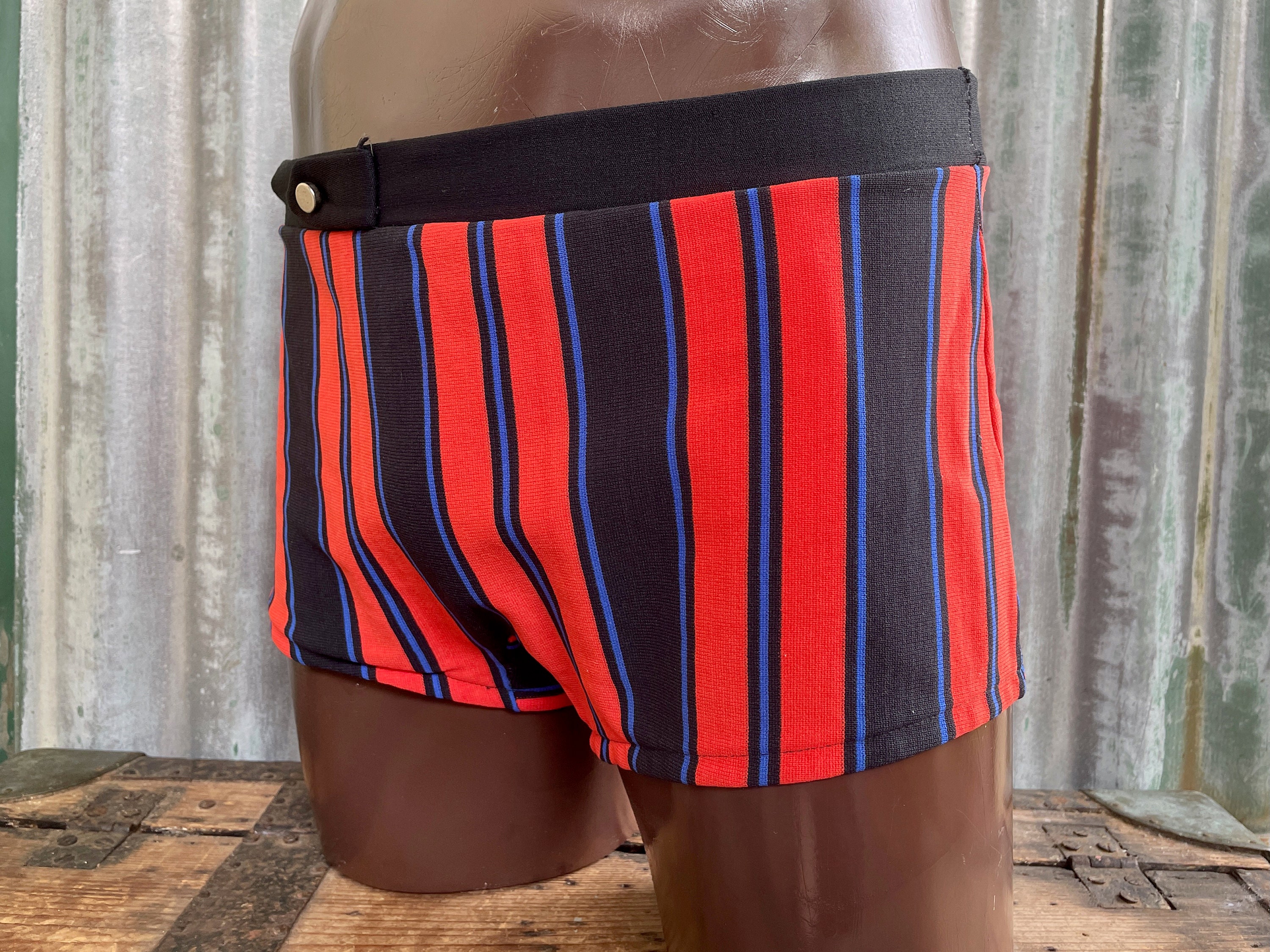 1970s Men's Vintage Swimming Trunks Retro Black Red Blue Etsy