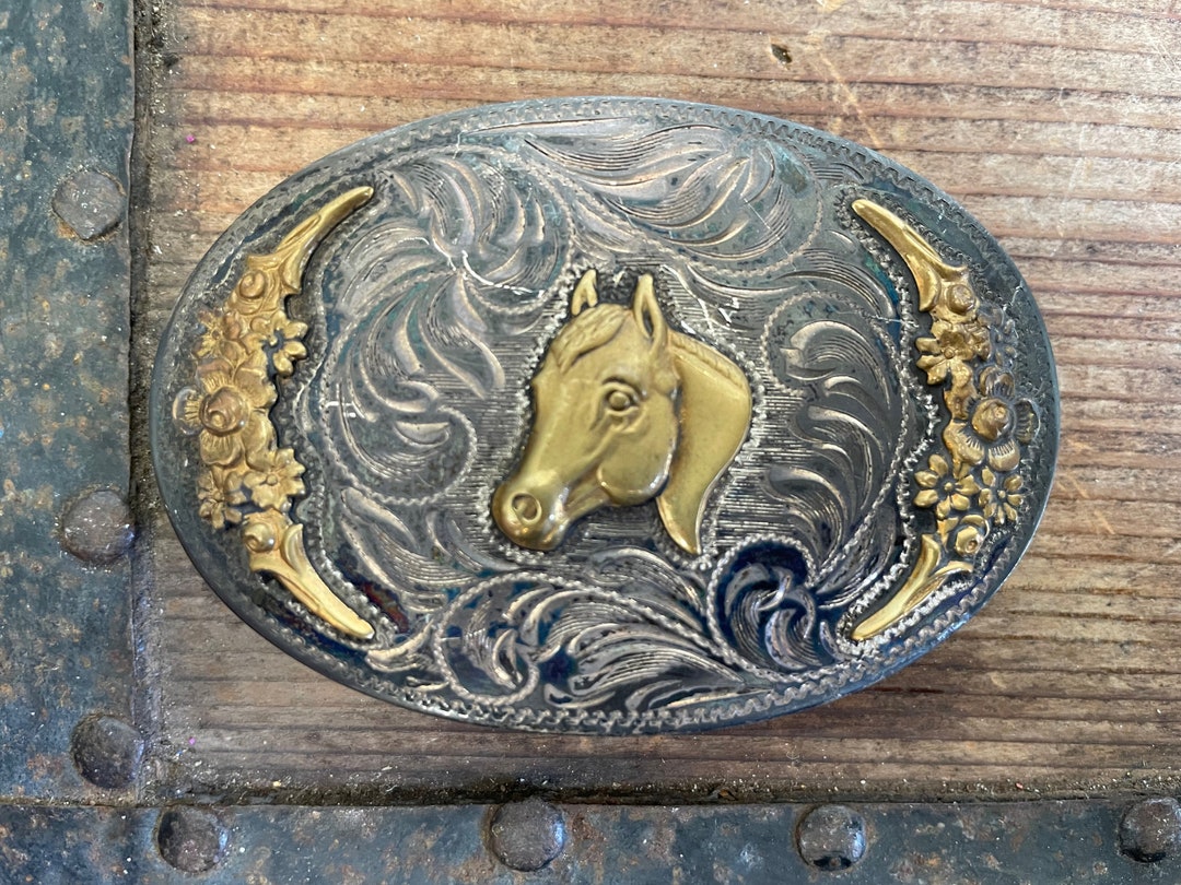 Vintage Diablo Sterling Silver Horse Head Western Cowboy Buckle Set with Belt Diablo Vintage Sterling Silver Engraved Belt Buckle with 3  main image 2