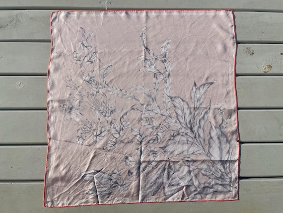 Vintage Silk Scarf Sheridan White with Grey Floral Designs - Square 52.2 x 52.2 cm - OOAK