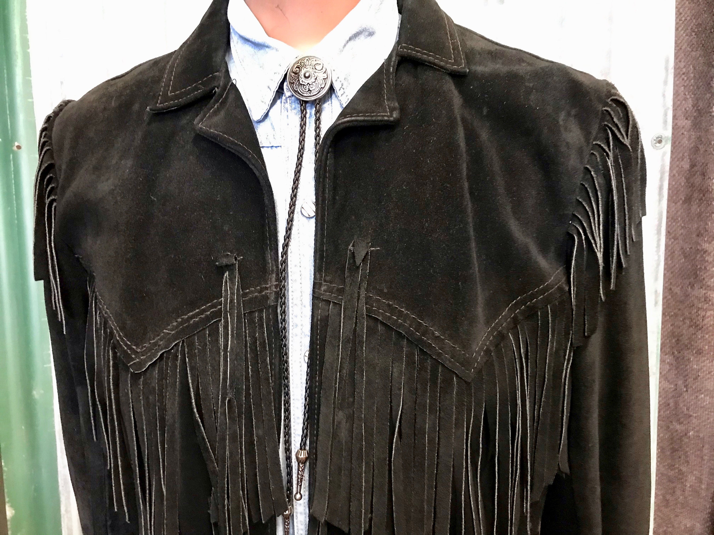 Veste Western Vintage Frontier – Daim Franges Et Perles, Fait Main, Taille Homme L/XL