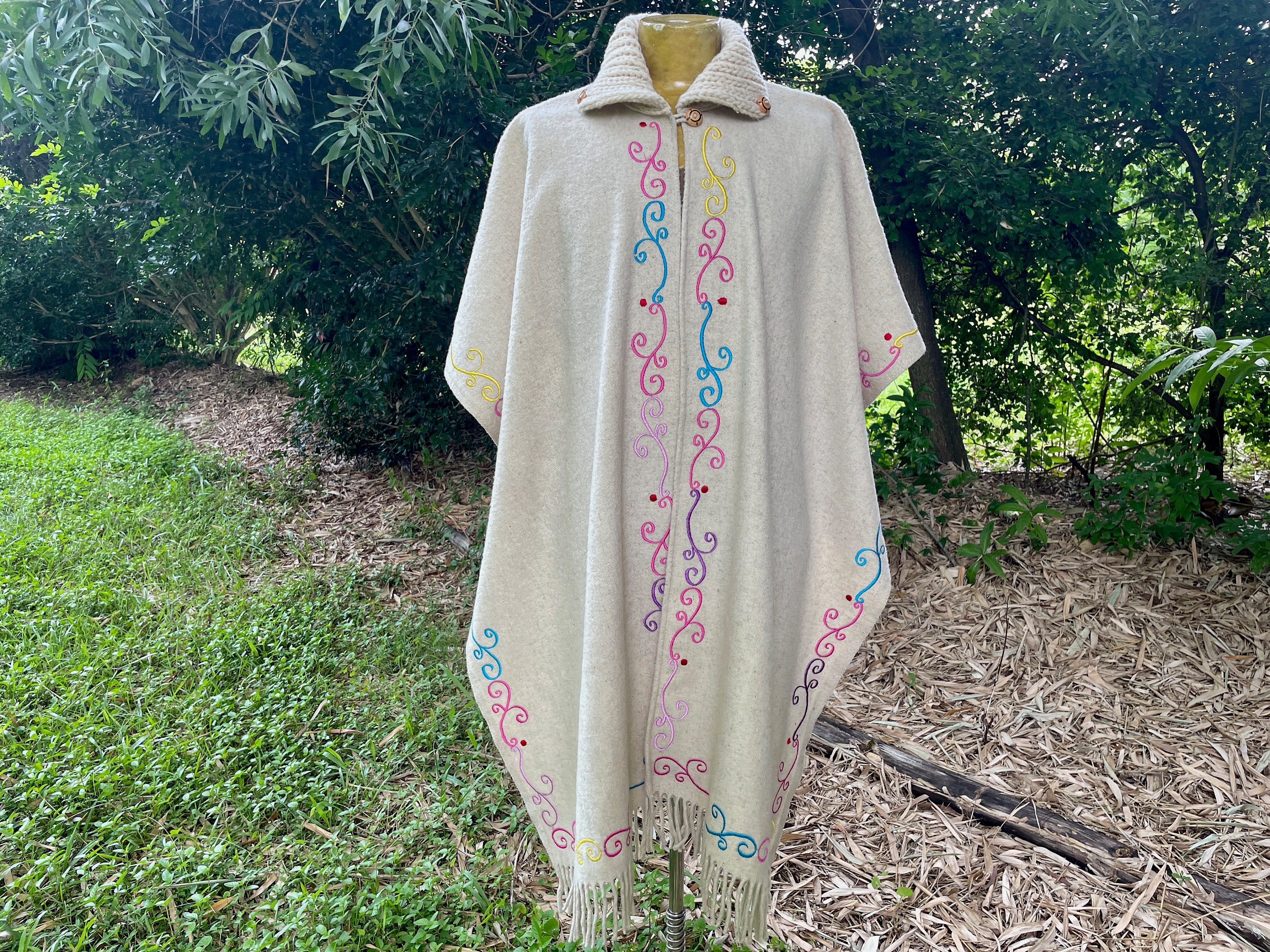 1970's Wool Vintage Poncho Hand Made Embroidered Warrior