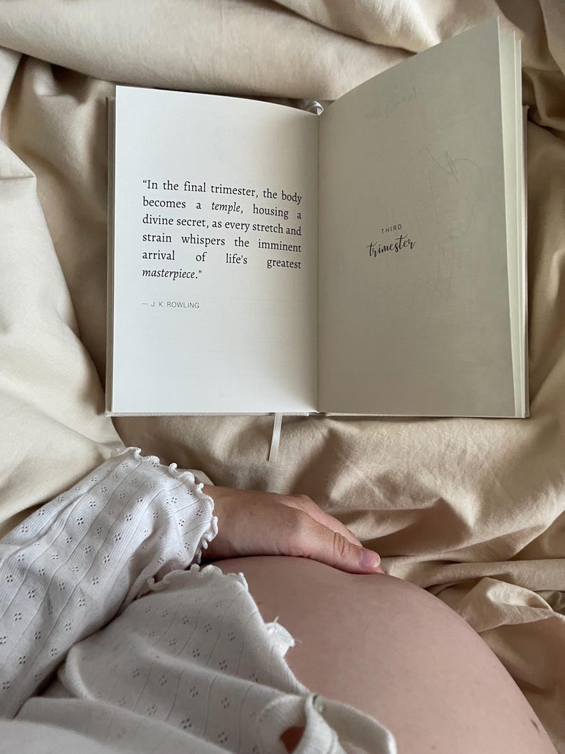 Premium linen pregnancy journal keepsake in soft beige with embossed gold title on a white background GROWING YOU. Pregnancy quote inside the keepsake book