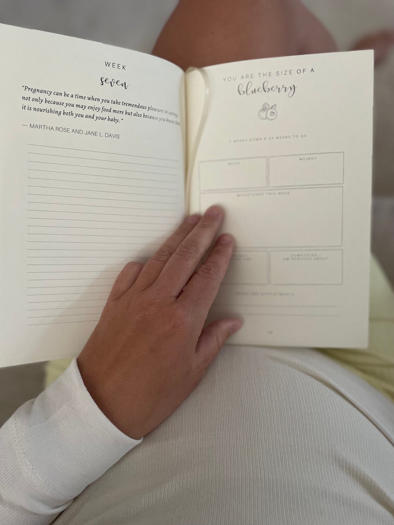 May include: An open pregnancy journal with cream-colored pages. The left page displays the text Week Seven and a quote by Martha Rose and Jane L. Davis. The right page features the text You are the size of a blueberry with a small illustration.