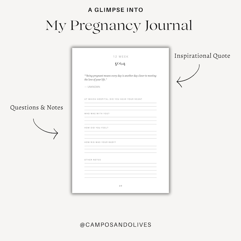 May include: A white page from a pregnancy journal titled A GLIMPSE INTO My Pregnancy Journal. The page features the heading 12 WEEK scan, an inspirational quote, and sections for Questions & Notes including lines for hospital details, companions, feelings, and baby size.