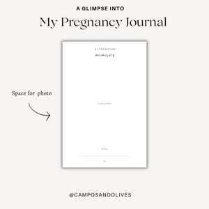 May include: A white page from a pregnancy journal titled A GLIMPSE INTO My Pregnancy Journal. The page features the heading ULTRASOUND memories, a central box labeled PHOTO HERE, a line for the date, the number 33, and @CAMPOSANDOLIVES.