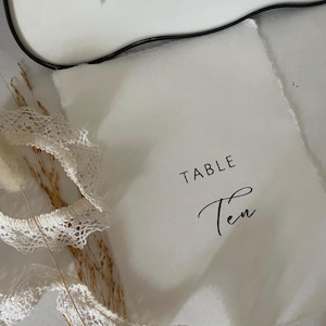 Puede incluir: Una tarjeta rectangular blanca con bordes irregulares que presenta el texto impreso en negro TABLE Ten. La tarjeta se acompaña de una tira de encaje blanco y tallos de trigo secos, junto a un objeto blanco con un borde negro curvado.