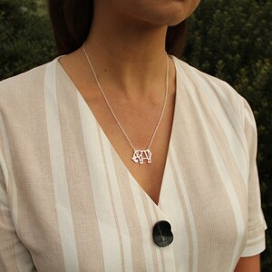 May include: A silver-colored necklace featuring a geometric rhino pendant. The necklace hangs on a delicate chain, resting on a striped beige and white dress. The background is a blurred green.