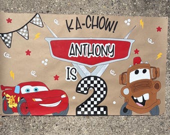 Hand Painted Cars Birthday Banner | Lightning McQueen Birthday Party Decor | Ka-Chow Custom Banner | Personalized Cars Theme Sign | Mater