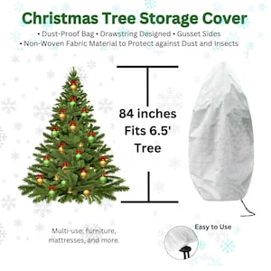 May include: A white Christmas tree storage cover, designed to fit a 6.5-foot tree, is displayed next to a decorated Christmas tree. The cover is 84 inches tall and features a drawstring closure. The text indicates it is dust-proof and protects against insects.