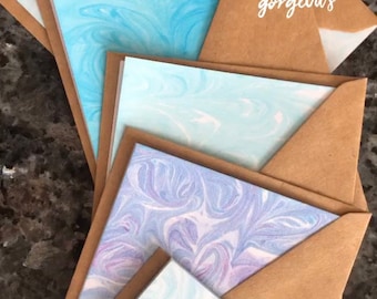 5-pack of custom multi-colored hand-marbled note cards