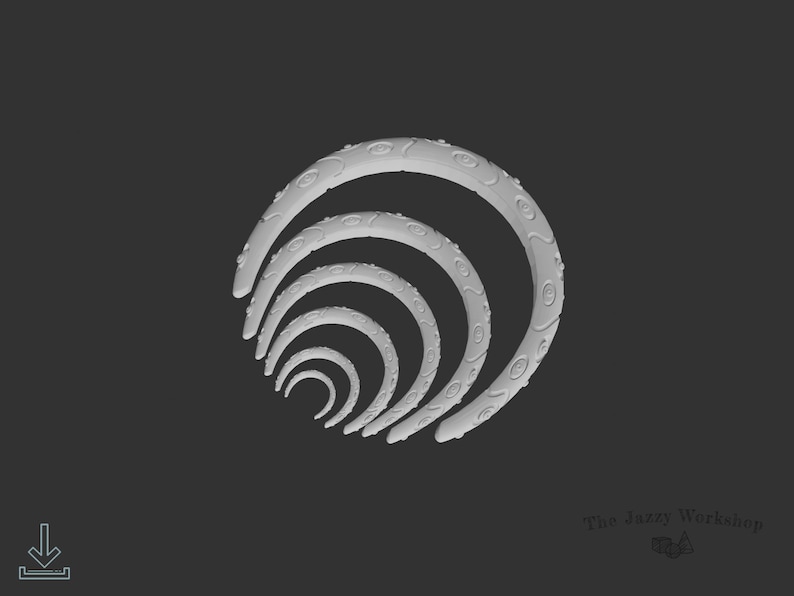 May include: A gray 3D printed design of concentric circles with a textured surface. The design is reminiscent of a stylized eye or a galaxy.