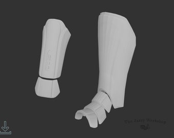 May include: A 3D printed model of a pair of white shin guards for cosplay or costume making. The guards are made up of multiple pieces that fit together. The model is shown from the front and side.