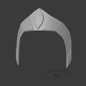 May include: A 3D printed model of a silver-colored tiara with a pointed top and a star-shaped design in the center. The tiara is designed to be worn on the head.