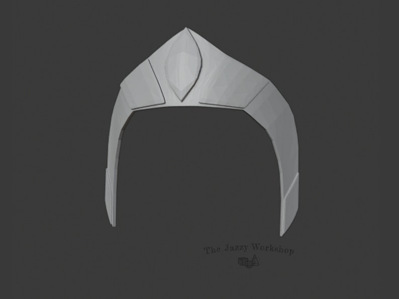 May include: A 3D printed model of a silver-colored tiara with a pointed top and a star-shaped design in the center. The tiara is designed to be worn on the head.