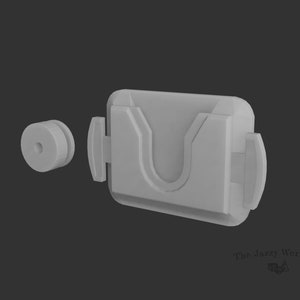 May include: A white plastic 3D printed phone holder with a U-shaped design and two side clips. The holder is designed to be mounted on a wall or other surface.