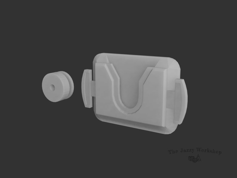 May include: A white plastic 3D printed phone holder with a U-shaped design and two side clips. The holder is designed to be mounted on a wall or other surface.