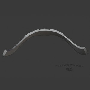May include: A silver-colored metal bow, curved and slightly pointed at the ends. The bow is designed for use with arrows.
