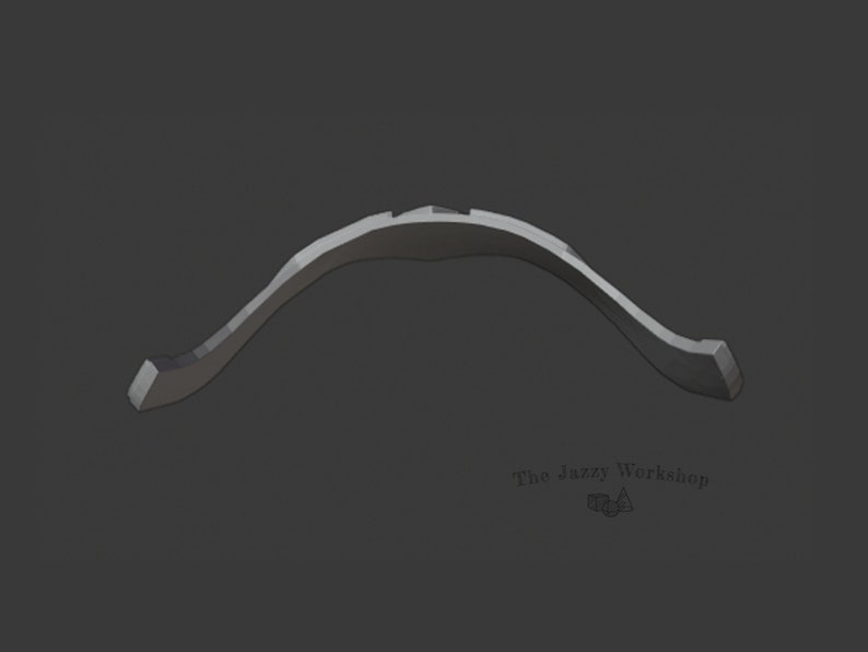 May include: A silver-colored metal bow, curved and slightly pointed at the ends. The bow is designed for use with arrows.