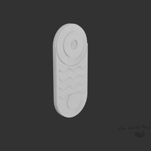 May include: White ceramic wall decor with a wavy pattern and a circle design in the center.