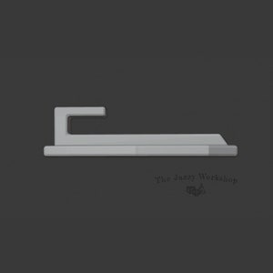 May include: A silver metal hook with a flat base. The hook is designed to hang items on a wall.