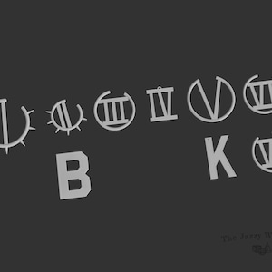 May include: A set of seven Roman numeral charms, including I, II, III, IV, V, VI, and VII. The charms are made of metal and have a silver finish. The charms are arranged in a row on a grey background. The word "B" and "K" are also visible in the image.