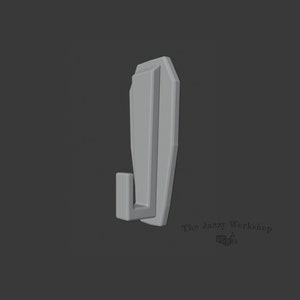 May include: A gray plastic hook with a simple design. The hook is shaped like a coffin with a small hook extending from the bottom.