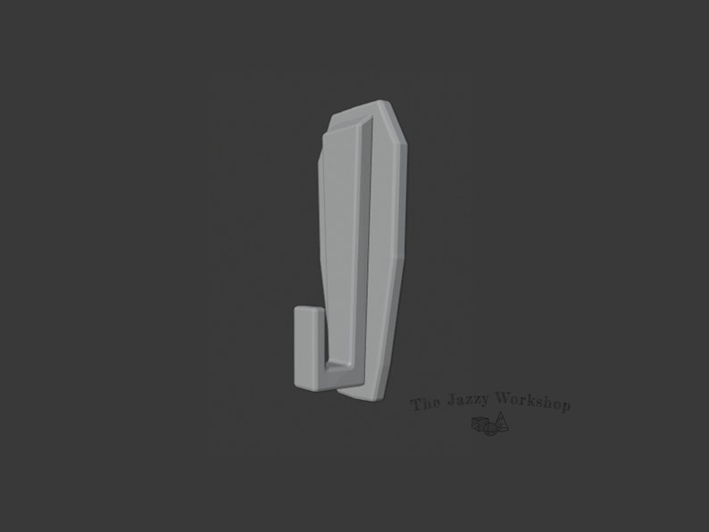 May include: A gray plastic hook with a simple design. The hook is shaped like a coffin with a small hook extending from the bottom.