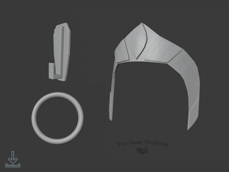May include: A 3D printed set of three items: a crown, a ring, and a hook. The crown is a simple, curved shape with a pointed top. The ring is a simple circle. The hook is a simple, curved shape with a pointed end.